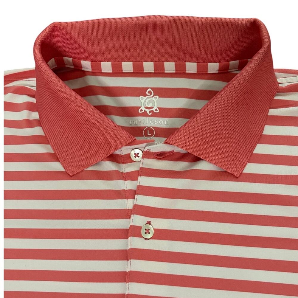 Turtleson Performance Golf Polo Men Large Salmon Pink White Stripe Short Sleeve